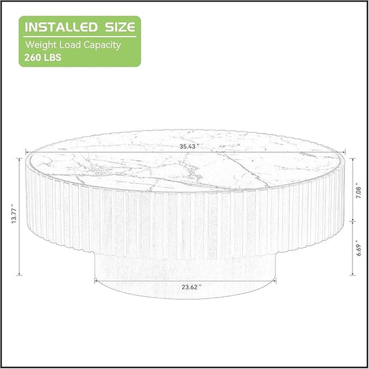 Coffee Table Stone Round 35.43'' for Living Room Modern Coffee Tables Wood Circle Drum Tea Fluted Solid Wooden Veneer Sintered Tabletop Handcraft Home Furniture for Apartment Easy Assembly Black-NeatNest