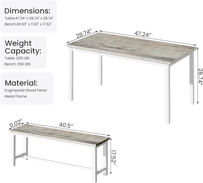 DKLGG Dining Table Set for 4, 47" Farmhouse Kitchen & Dining Room Sets 3 Pieces Rectangular Dining Room Table with Bench for Small Space, Restaurant, Apartment, Grey & White-NeatNest