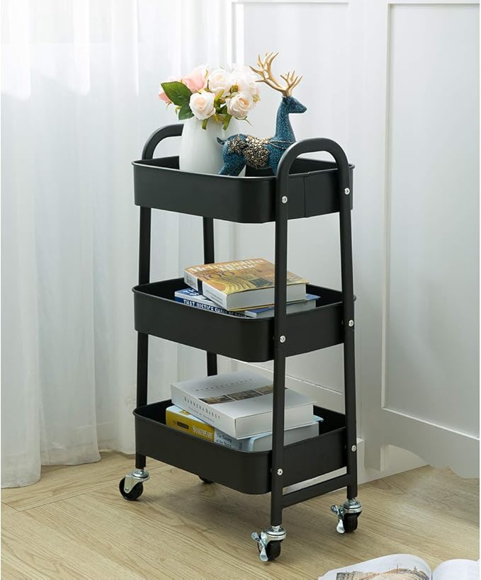 AGTEK Makeup Cart, Movable Rolling Organizer Cart, Black 3 Tier Metal Utility Cart-NeatNest