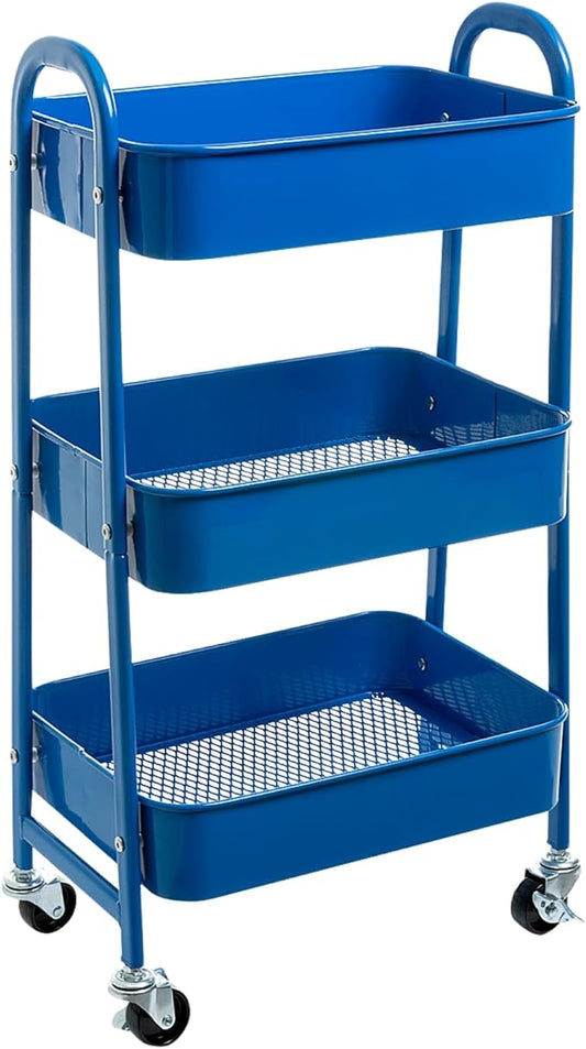 AGTEK Makeup Cart, Movable Rolling Organizer Cart,3 Tier Metal Utility Cart, Aristocratic Blue-NeatNest