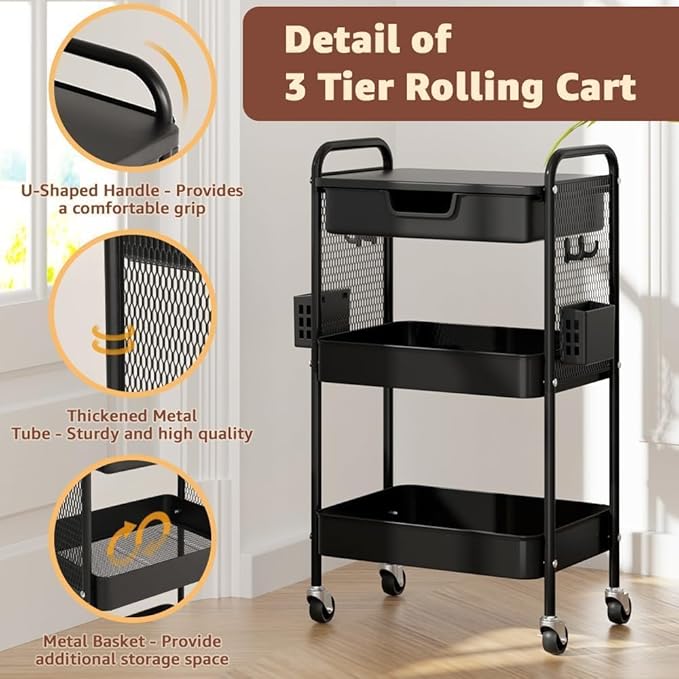 3 Tier Rolling Cart with Drawer, Metal Rolling Utility Cart on Wheels with Pegboard, Art Cart Storage Organizer with Tabletop for Living Room, Office, Bedroom (Black)-NeatNest