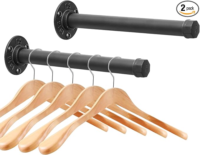 Cast Iron Wall Mounted Clothes Rack, Heavy Duty Industrial Pipe Clothing Rack for Hanging Clothes, Garment Racks for Wardrobe Organizers and Storage, DIY Closet Rods Closet Bar (Black 2 Pack, 12 in)-NeatNest