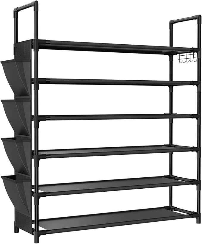 6 Tier Shoe Rack, Shoe Organizer Storage for 24-30 Pairs Shoe and Boot, Long Shoe Shelf with Hook and Side Pocket Free Standing Tall Shoe Rack Organizer for Closet, Entryway, Dorm-NeatNest
