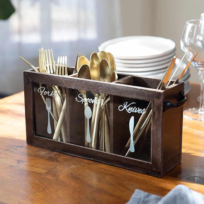 BLU MONACO Espresso Wooden Cutlery & Utensil Caddy – Silverware Organizer Bin for Forks, Spoons, Knives – Perfect for Kitchen Countertop-NeatNest