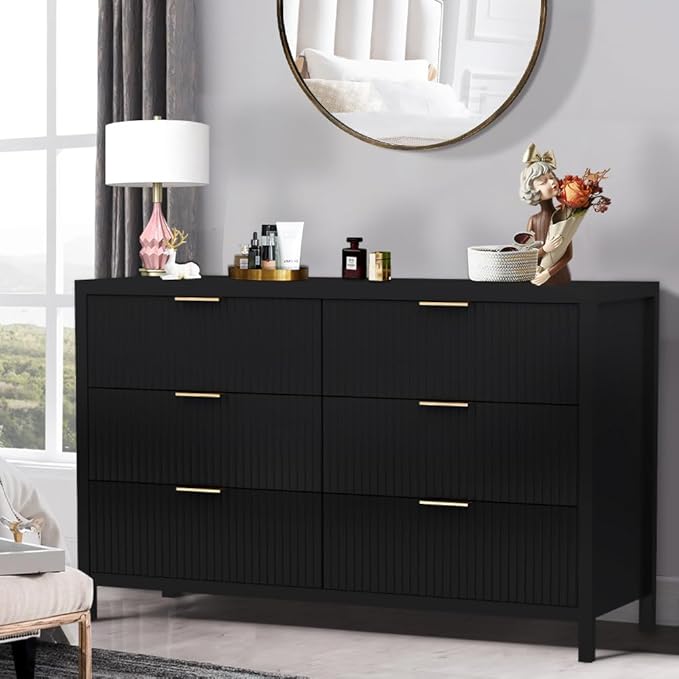 6 Drawer Dresser Cabinet, Long Nightstand with Drawers and Storage Cabinet, Solid Wood Dresser TV Stand, Mid Century Modern Nightstand with 6 Drawer Dresser for Bedroom Closet (Black)