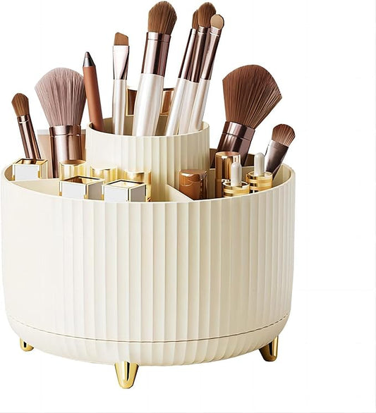 DASITON Large Capacity Makeup Brush Holder,360° Rotating Makeup Organizer,5 Slot Makeup Brushes Cup,for Vanity Decor,Bathroom Countertops,Desk Storage Container,Cosmetic Display cases(Cream)-NeatNest