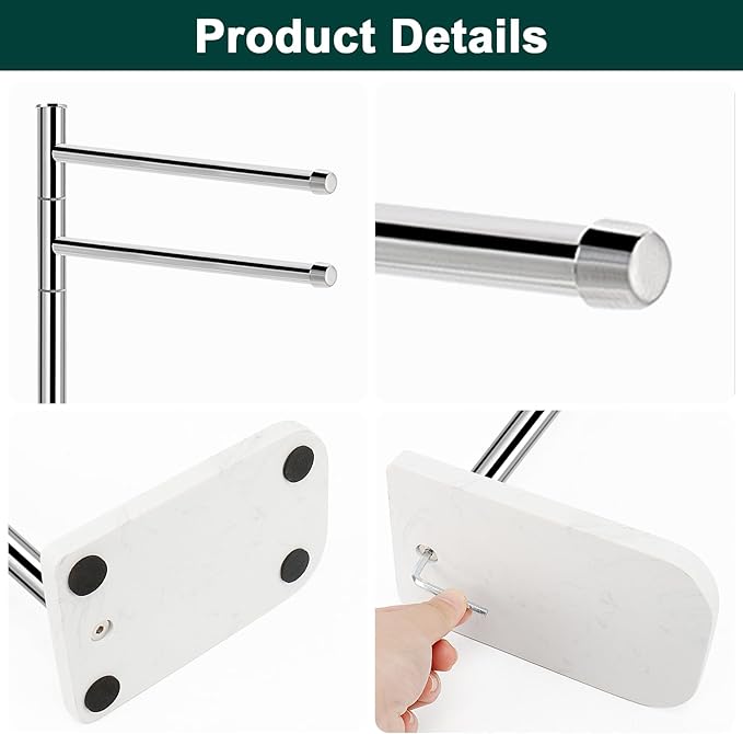 Hand Towel Holder, F-Shape Hand Towel Stand with Marble Base, Stainless Steel Swivel Hand Towel Rack Bar Standing for Bathroom Kitchen Countertop, 2 Arms (Chrome Finish)