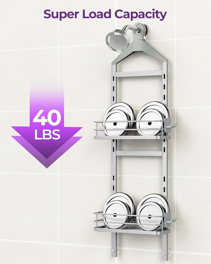 ODesign 2 Tier Height-Adjustable Shower Caddy Hanging Anti-Swing-Over The Shower Head Caddy-Storage Organizer Bathroom Shelves Basket-Silver
