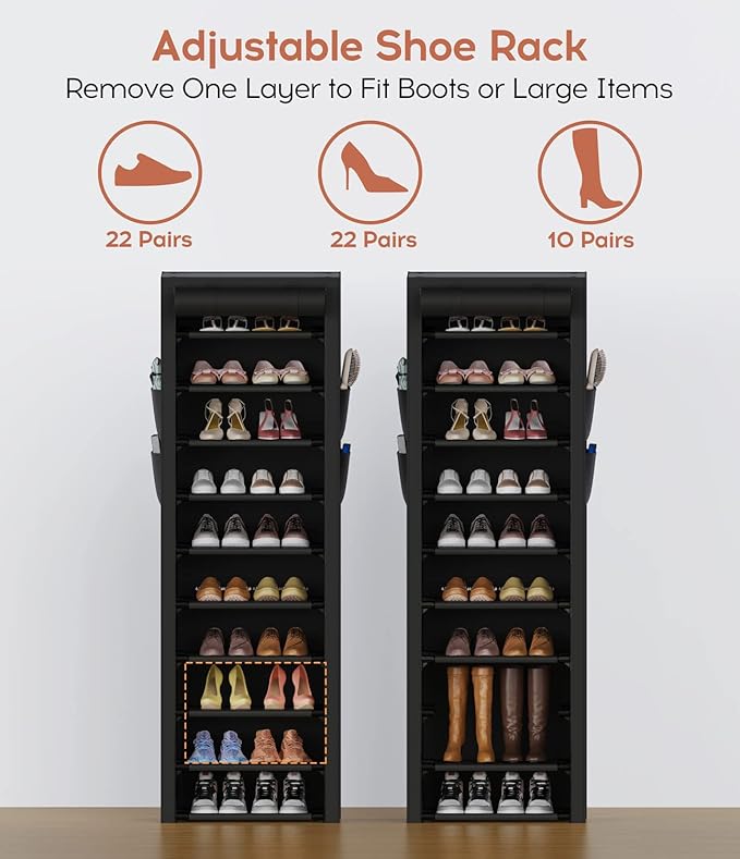 VTRIN Vertical Narrow Shoe Rack Organizer Tall Shoe Rack for Closet Entryway 10 Tier Non-Woven Cover Shoe Shelf Holds 20-22 Pairs Free Standing Shoe Storage Cabinet with Dustproof Cover, Black-NeatNest