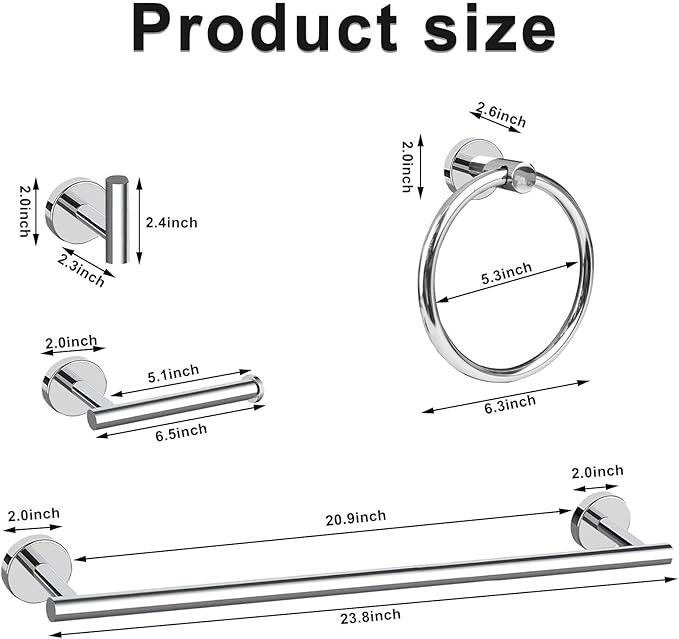 Cilee 8 Piece Polished Chrome Bathroom Hardware Set, 24inch Bathroom Towel bar+Towel Ring+Toilet Paper Holder+ Robe Towel Hook, SUS304 Stainless Steel Bathroom Accessory Set-NeatNest