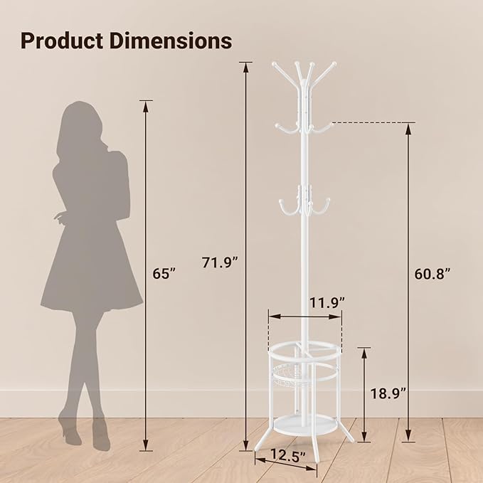 ELYKEN Coat Rack Freestanding, Metal Coat Rack Stand with Umbrella Holder, Modern Coat Tree with 12 Hooks, Floor Standing Corner Hall Tree for Entryway Living Room Bedroom Office, White-NeatNest