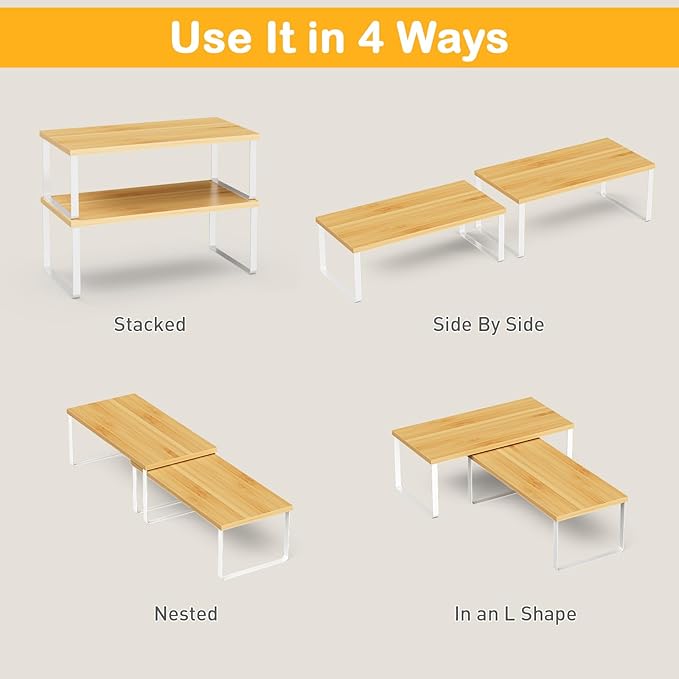 Cabinet Shelf Organizers, 15.7 inches Large Kitchen Counter Shelf, Set of 2 Wood Kitchen Pantry Organizer, Storage Shelves for Countertop, Spice Rack, Stackable, Expandable, Metal White, Nature-NeatNest