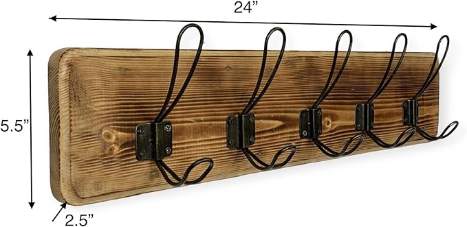 24” Wooden Wall-Mount Coat Rack, Burnt Pine Rustic Pine with 5 Storage Hooks, Farmhouse Design for Jackets, Hats, Scarves, Umbrellas, Bags, Keys, Leashes, Towel, Entryway, Bedroom, Bathroom