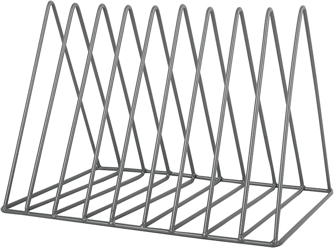 EASEPRES Vinyl Record Holder Storage, 9 Slot Metal Magazine Book Album Display Rack, Stylish Triangle Desktop File Sorter Organizer for Home Office, Grey