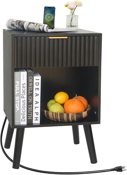 Fluted Black Nightstand with Charging Station, Mid Century Modern Bedside Table with Drawers and Outlet,Side Tables Living Room, Wooden Night Stand for Bedroom, Office (Black)