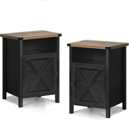 Farmhouse End Table, Nightstand, End Tables with Barn Door and Shelf, Wooden Sofa Side Table, Modern Bed Side Table Rustic Nightstands Set of 2, Bedroom, Living Room, Black