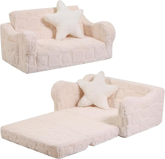 Extra Wider Seating Toddler Couch, 2-in-1 Toddler Soft Couch Fold Out with Star Pillow, Convertible Sofa to Lounger for Girls and Boys, Cream Heart-NeatNest
