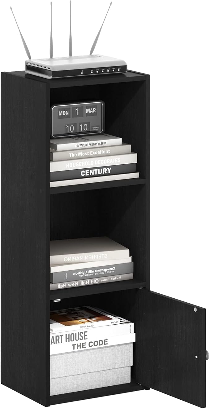 Furinno Luder Shelf Bookcase with 1 Door Storage Cabinet, Blackwood-NeatNest