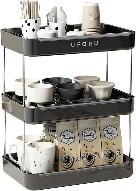Countertop Coffee Station Organizer, 3 Tier Wine Glass Holder, Mug Shelf with Removable Drain Tray, Spice Rack for Kitchen, Bathroom Countertop Organizer, Black-NeatNest