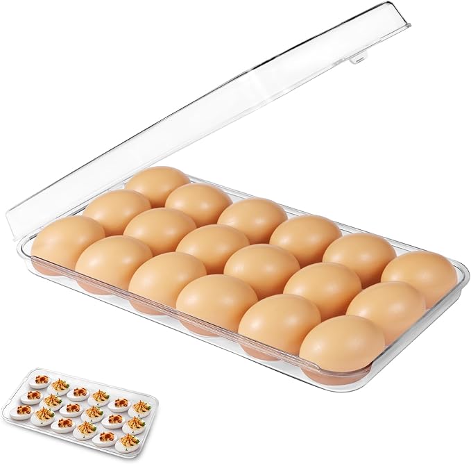 Egg holder for fridge - deviled egg containers with lid, Clear Stackable Plastic Egg Holder, Space-Saving 18 Egg refrigerator Organizer (Clear, Pack of 01)