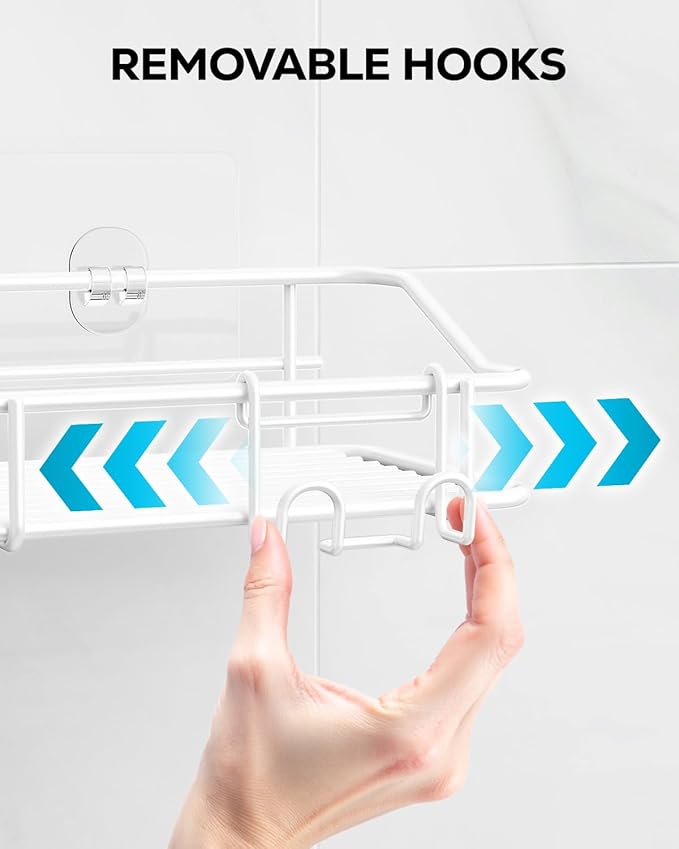 Nieifi Shower Caddy Shelf with Hooks Storage Rack Organizer Adhesive Stainless Steel Without Drilling for Bathroom, Lavatory, Washroom, Restroom, Shower, Toilet, Kitchen - 2 Pack (White)-NeatNest