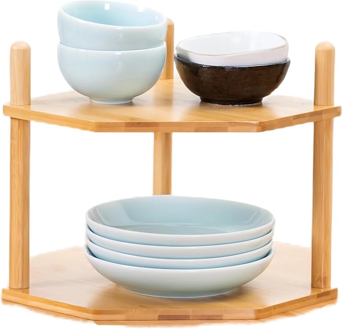 Expandable Bamboo Corner Shelf for Cabinet - 2-5 Tiers Plate Organizer, Kitchen Space Saver, Minimal Tool Assembly (Powered by Gogogo) (Natural, 6.7" H(2 Tier))-NeatNest