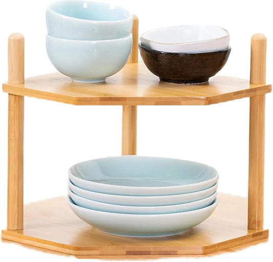 Expandable Bamboo Corner Shelf for Cabinet - 2-5 Tiers Plate Organizer, Kitchen Space Saver, Minimal Tool Assembly (Powered by Gogogo) (Natural, 6.7" H(2 Tier))-NeatNest