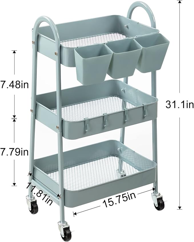 danpinera 3-Tier Rolling Cart, Metal Rolling Storage Cart with Lockable Wheels & Hanging Cups & Hooks, Mobile Trolley Cart for Kitchen, Bathroom, Office, Workshop, Gray Blue-NeatNest