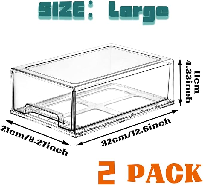 PeJeyiee 2 Pack Clear Stackable Refrigerator Organizers and Storage Drawers - Pull-Out Fridge Bins with Anti-Slip Base & Easy Clean, Plastic Organizers for Kitchen Pantry Cabinet Closet (Large)-NeatNest