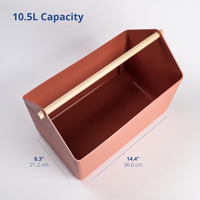 BLUE GINKGO Large Storage Basket – Plastic Caddy with Wooden Handle for Bathroom, Pantry, or Cleaning Supplies (Terracotta)-NeatNest