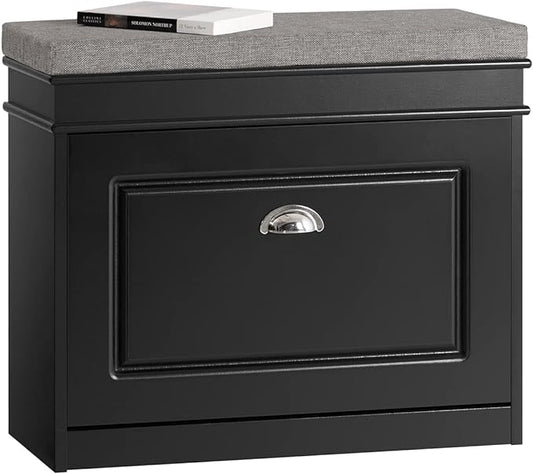 Haotian Black Hallway Shoe Bench, Narrow Shoe Rack Entryway, Small Shoe Cabinet with Flip-Drawer and Seat Cushion, FSR82-K-SCH-NeatNest
