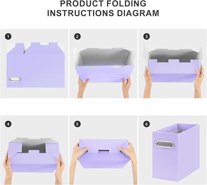 Oterri File Organizer, 6 Packs Small Storage Box, Cardboard File Folder Organizer, Collapsible File Box for Hanging File Folders Letter Size, Portable Filing Organizer with Handle (Purple)