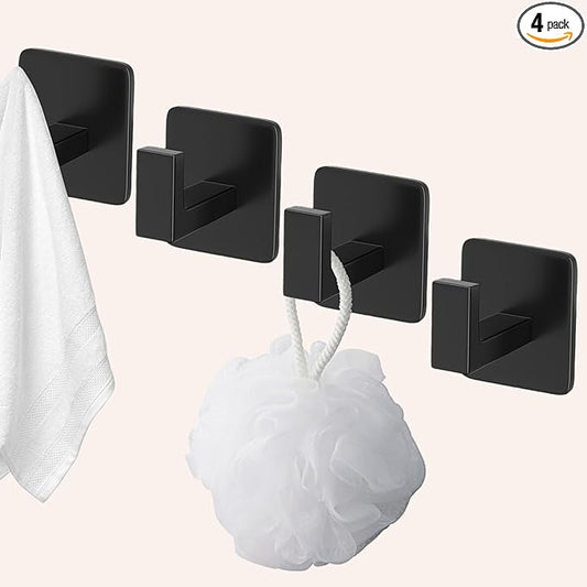 4 Pack Square Self Adhesive Towel Hooks, Matte Black Bath Towel Hook No Drilling Bathroom Towel Hook Aluminum Heavy Duty Wall Hooks for Bathroom Bedroom Kitchen (2 Inch,Matte Black)