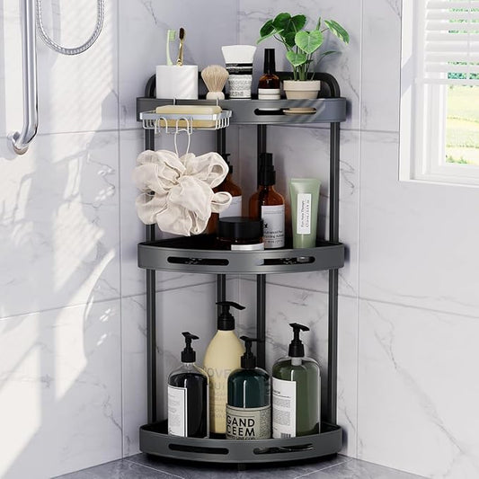 Corner Shower Caddy Standing, 3-Tier Rustproof Shower Organizer with Soap Holder, Aluminum Shower Shelf Stand for Bathroom Storage, Gray