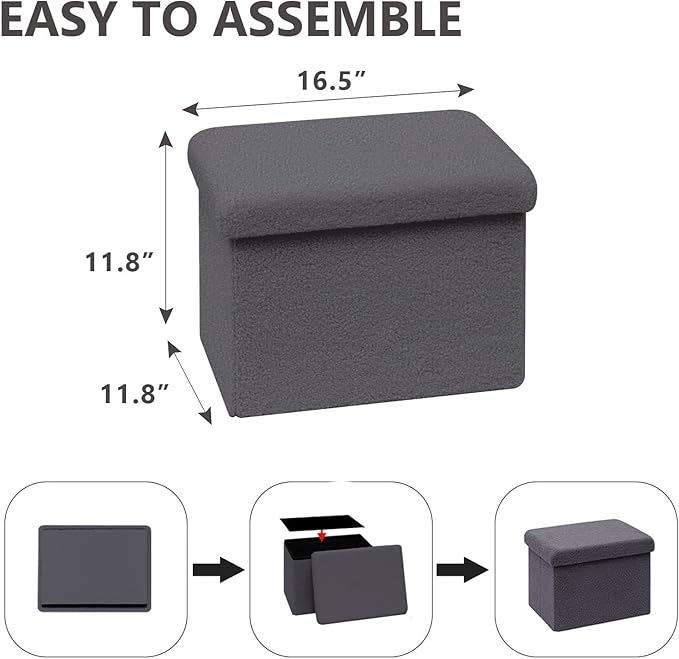 16.5 Folding Storage Ottoman Cube - Small Footrest with Sherpa Top, Multi-Functional Storage for Bedroom, Living Room, Grey