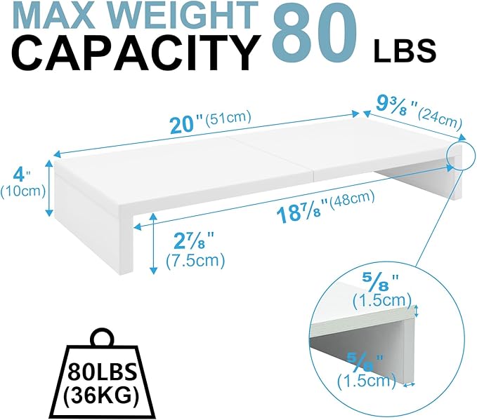 TEAMIX 20 inch White Monitor Stand Riser, Wood Desktop Stand for PC/TV/Laptop/Printer, White Monitor Riser with Storage, Computer Stand with Keyboard Organizer-NeatNest