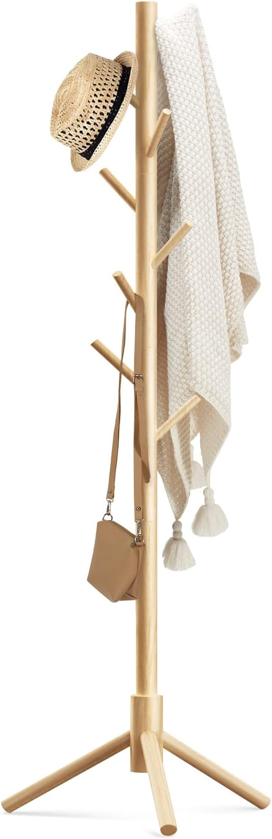 Haddockway Wooden Coat Rack Stand with 8 Hooks New Zealand Pine 3 Adjustable Coat Standing Tree Easy Assembly for Coats, Hats, Scarves and Handbags for Entryway, Hallway, Bedroom, Office-NeatNest