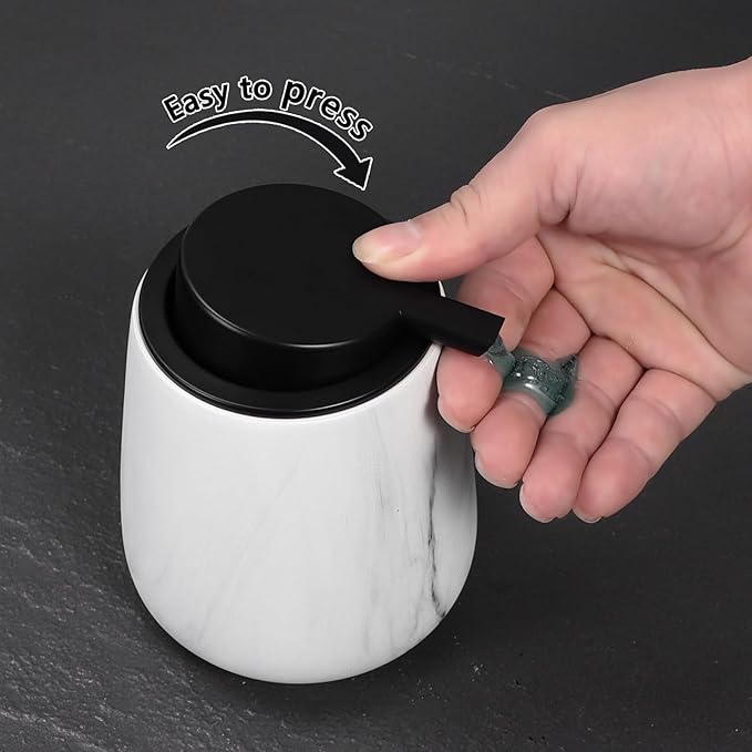 12Oz Ceramic Liquid Soap Dispenser - Modern Lotion Hand Soap Dispenser with Easy-to-Press Black Pump, Reusable and Refillable Dish Soap Dispensers for Bathroom & Kitchen, Marble White-NeatNest