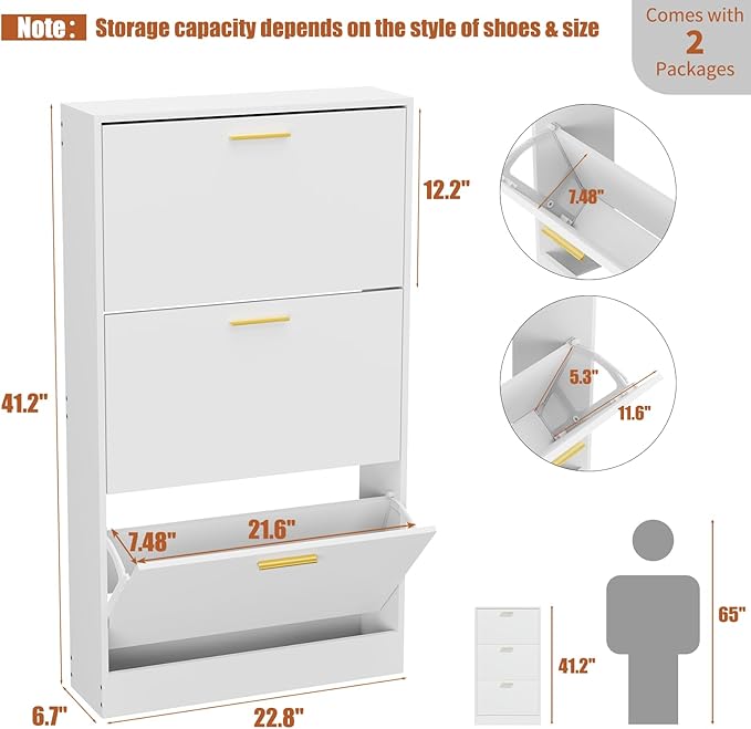 JOZZBY Shoe Cabinet Storage with 3 Flip Drawers for Entryway, White Slim Freestanding Modern Narrow Shoe Organizer Rack Cabinet for Hallway, Living Room, Set of 2-NeatNest