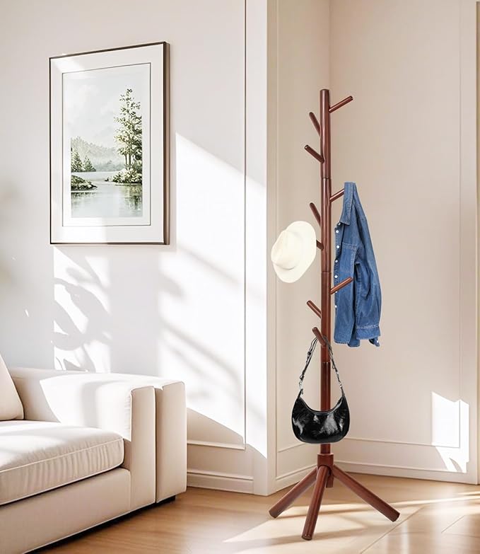 Beech Wood Coat Rack Stand with 9 Hooks, 3 Height Adjustable, simple Freestanding Solid Wooden Coat Tree Hanger for Clothes, Hats, Scarves, bags, Jackets, Bedroom, livingromm, Office(Brown)-NeatNest