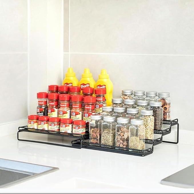 2 Pack Spice Rack Organizer for Cabinet, 4 Tier Expandable Seasoning Organizer Shelf, Spice Holder with Protection Railing, Metal, Black-NeatNest