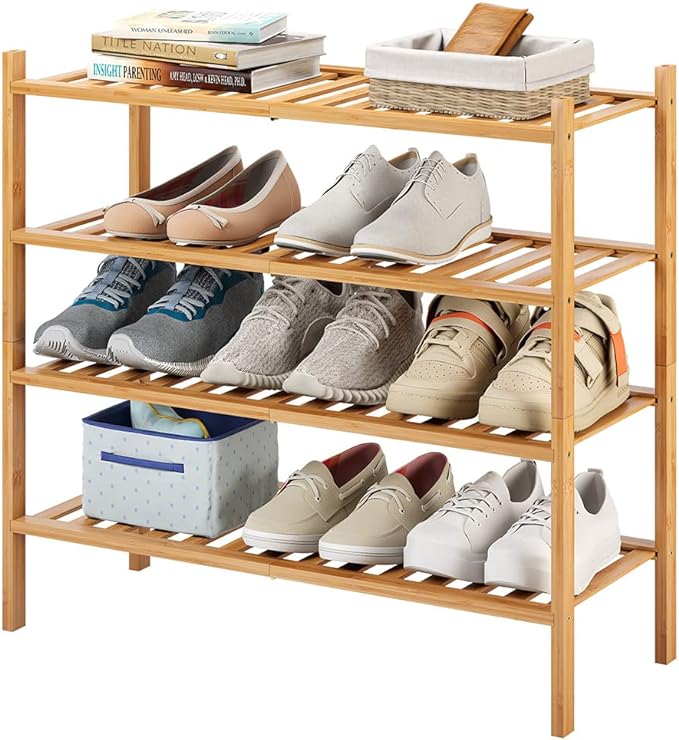 4-Tier Bamboo Shoe Rack for Entryway, Stackable | Heavy Duty | Multi-Function, Free Standing Shoe Racks for Bedroom Hallway Closet-NeatNest