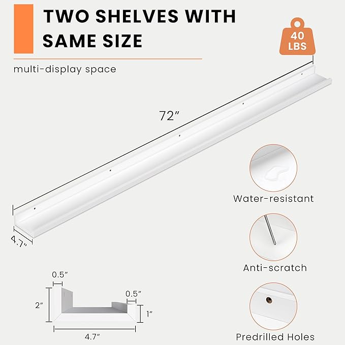 Heimlove Picture Ledge Shelf, Floating Shelves Set of 2, 72 Inches Long Large Picture Shelf for Wall with Ledge, Kids Bookshelf Wall Mounted for Living Room Bedroom Decor Books Photo Frames, White-NeatNest