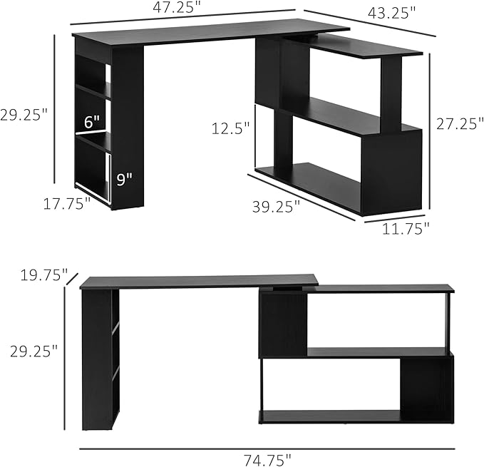 HOMCOM L Shaped Desk, Corner Computer Desk, 360 Degree Rotating Home Office Desk with Storage Shelves, Writing Table Workstation, Black-NeatNest