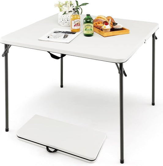 Goplus 34" Square Folding Card Table, Portable with Handle, White Indoor Outdoor Utility Table for Picnic, Party, Dining, Camping, BBQ-NeatNest