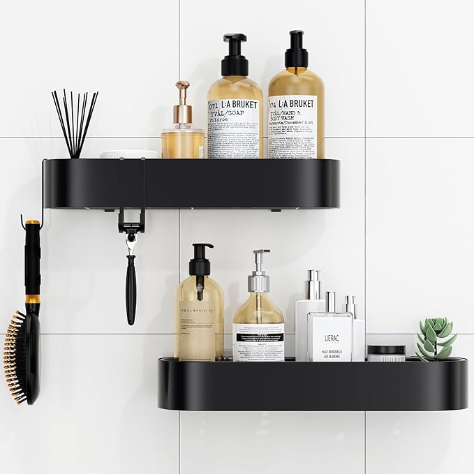 Adhesive Shower Caddy, 2 Pack X-Large Bathroom Organizers and Storage with Large Capacity and 4 Hooks, No Drilling Shower Shelf for Inside Shower for Bathroom, Dorm and Kitchen