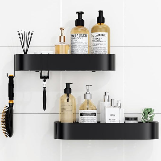 Adhesive Shower Caddy, 2 Pack X-Large Bathroom Organizers and Storage with Large Capacity and 4 Hooks, No Drilling Shower Shelf for Inside Shower for Bathroom, Dorm and Kitchen