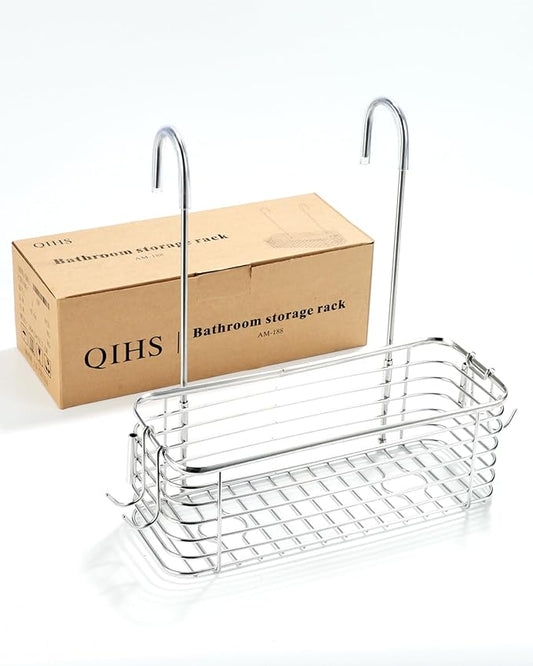 Over Door Shower Caddy, Stainless Steel Bathroom Organizer with Rotating Hooks, Hanging Storage Basket for Shampoo