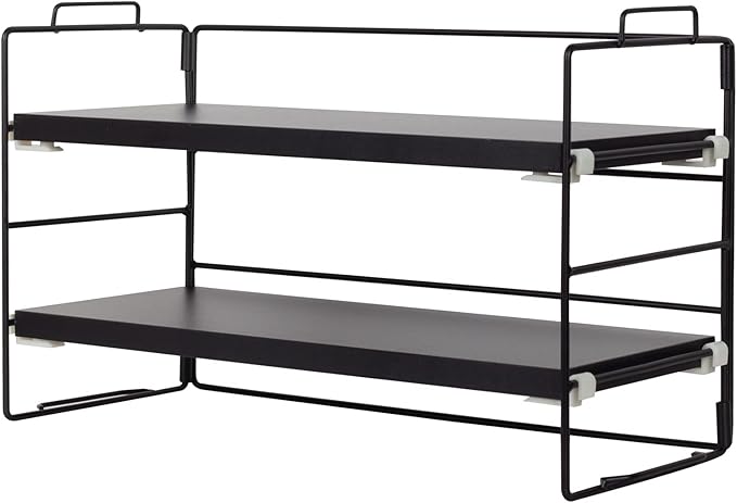 PowerKing Desk Shelf Organizer, 2-Tier Desktop Shelves with Wood Board, Adjustable Bookshelf Storage Rack for Home Office School Study Room (Black Frame + Black Wood)-NeatNest