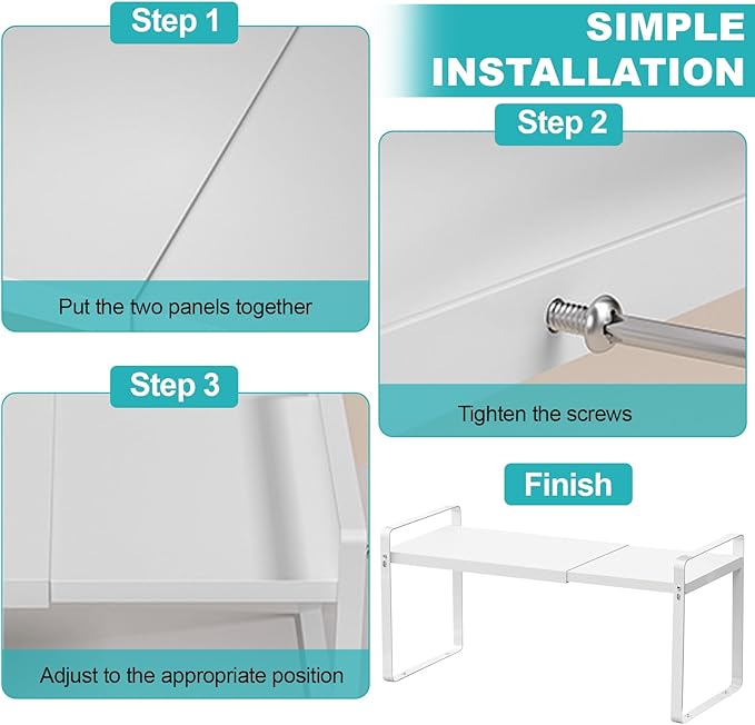 Expandable Cabinet Shelf, Lengths Adjustable Shelf Organizer Riser, Metal Space-Saving Cupboard Organizers for Kitchen Cabinet Pantry Cupboard Under Sink Countertop, Black-NeatNest
